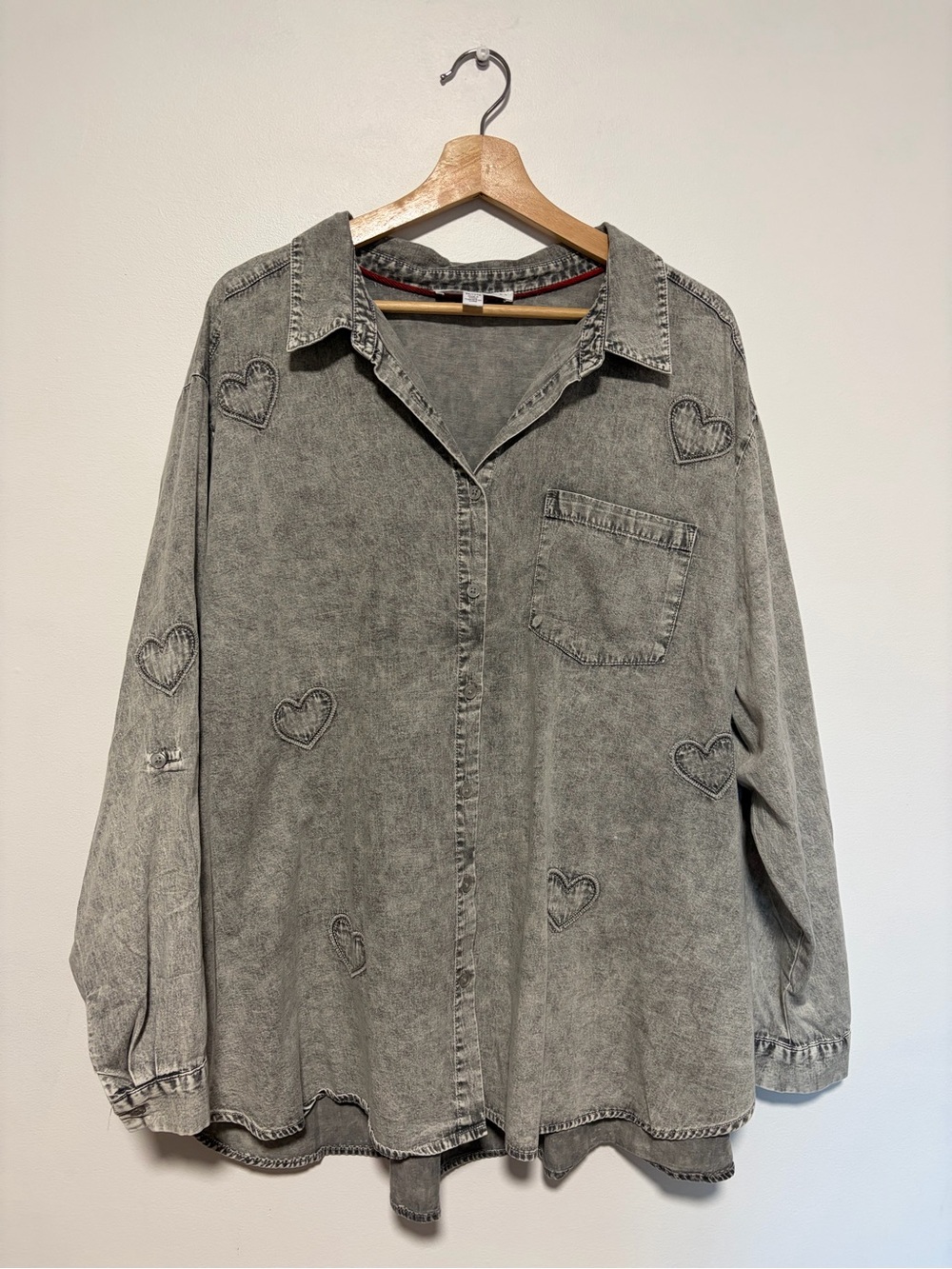 Jane + Delancey Grey Washed Button-Up Chambray Denim Shirt with Heart Embroidery